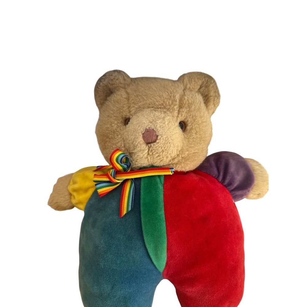 Vintage Color Block Teddy Bear Plush Rainbow Ribbon Primary Colors Velour 7.6oz - Picture 3 of 9